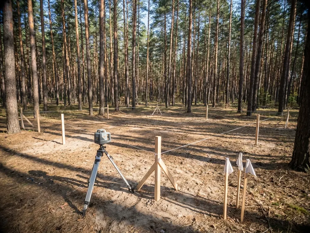 Ділянка в сосновому лісі з розміченим шнурами контуром будинку й лазерним нівеліром