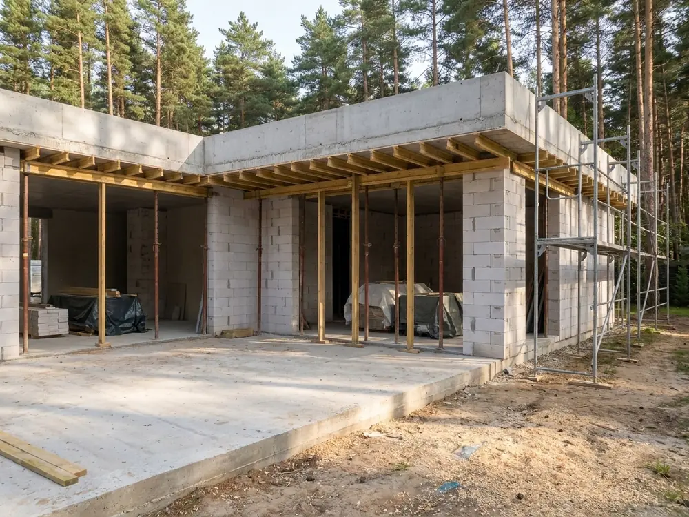 Той самий будинок під час будівництва: бетонне перекриття, газоблок і риштування